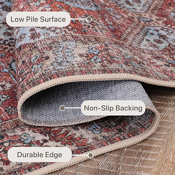 Bavni 4x6 Area Rugs for Living Room, Machine Washable Rug Non Slip, Vintage Chenille Distressed Print Carpet, Large Low Pile Ultra-Thin Lightweight Rugs for Bedroom, Dining Room, Office, Spice Sky