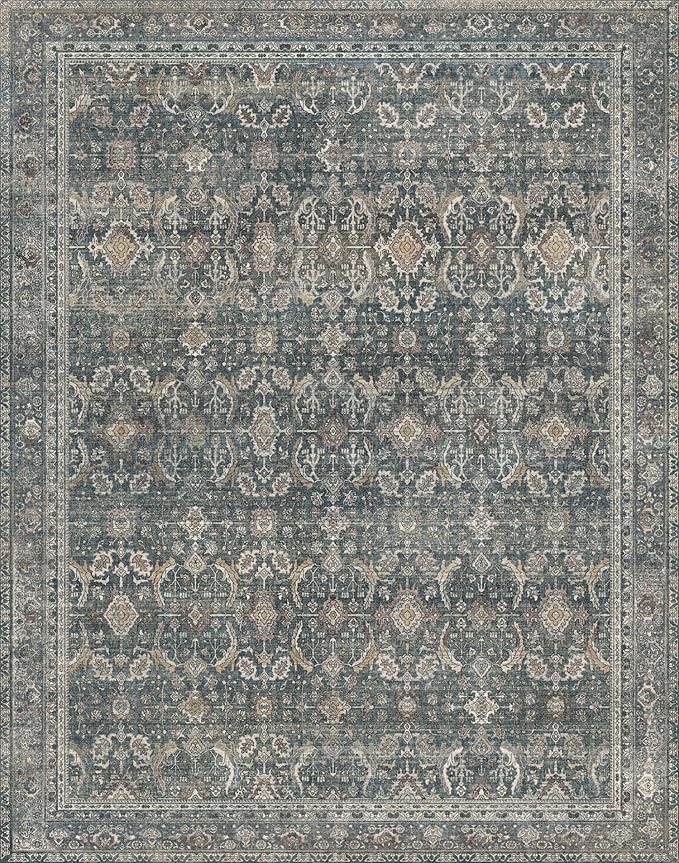 10X14 Area Rugs Machine Washable Rugs for Living Room, Vintage Boho Large Rugs for Bedroom Dining Room, Non Slip Indoor Soft Distressed Lightweight Thin Low Pile Carpet, Deep