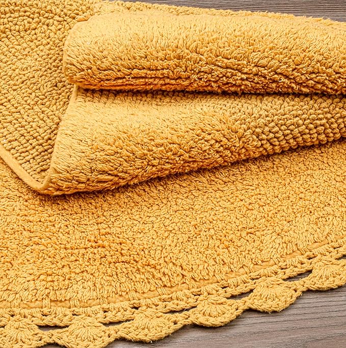 Half Circle Bohemian Bathroom Rug with Handwoven Chrochet Border, Beautifully Handcrafted 100% Cotton Mat - 22x42", Round Boho Bedroom Rug, Boho Bathroom Décor, Machine Washable - Honey Mustard