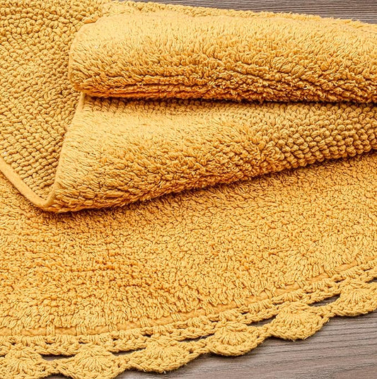 Half Circle Bohemian Bathroom Rug with Handwoven Chrochet Border, Beautifully Handcrafted 100% Cotton Mat - 22x42", Round Boho Bedroom Rug, Boho Bathroom Décor, Machine Washable - Honey Mustard