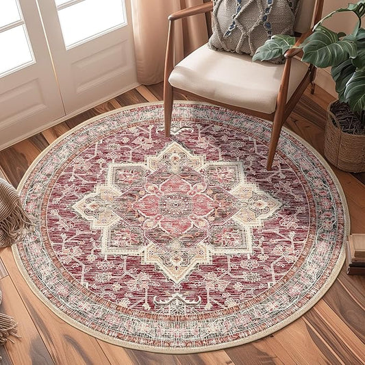 BESTSWEETIE 6ft Area Rugs for Living Room, Washable Ultra Soft Boho Vintage Print Pattern Rug Non Slip Low Pile Carpet for Dining Room Bedroom Entryway Indoor-Wine/Natural/Red/Black