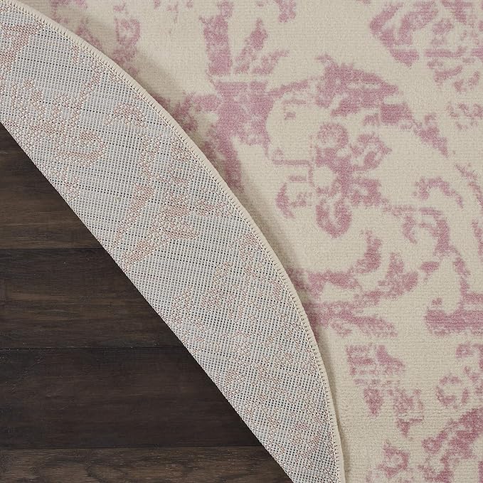 Nourison Jubilant Damask Ivory/Pink 8' x Round Area Rug, Easy Clean, Non Shedding, Bed Room, Living Room, Dining Room, Kitchen (8 Round)