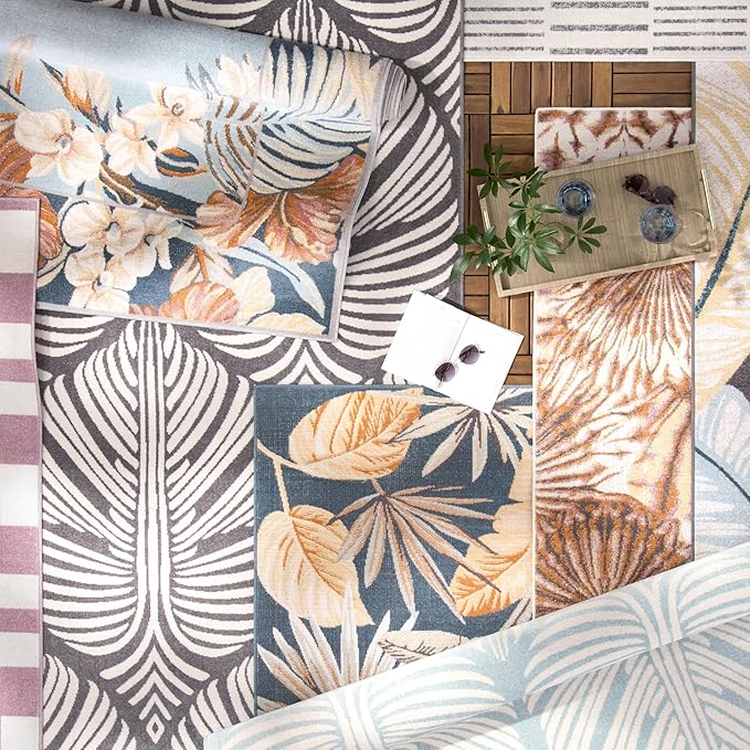 Tommy Bahama Lanai Palm Leaves Indoor Outdoor Area Rug, Leaf Tropical Design, UV Fade Resistant, Dark Grey/Ivory, 7'10"x10'2"