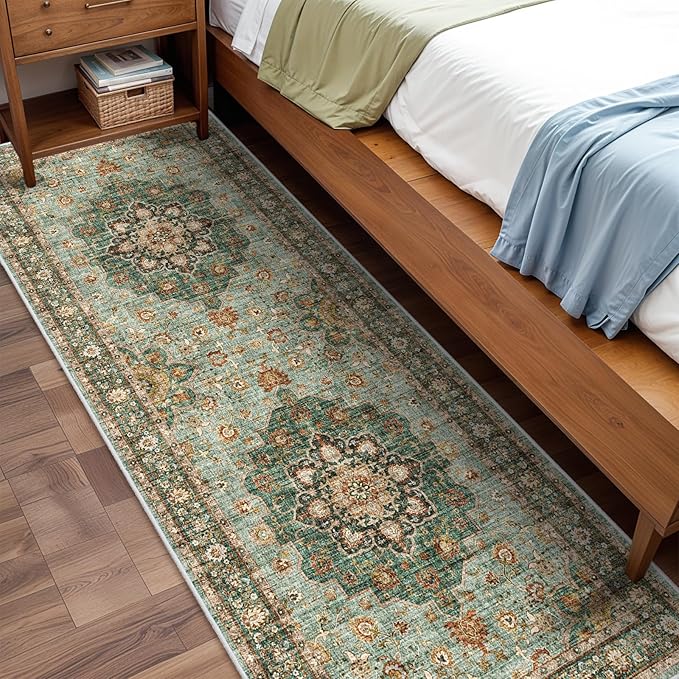 Washable Oriental Hallway Runner Rug - 3x10 Rugs for Living Room Soft Carpet for Bedroom Kitchen Waterproof Floral Distressed Indoor Stain Resistant Non-Shedding Floor Carpets (Green, 3X10)