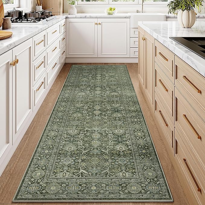 Green Runner Rug 2x8 Vintage Area Carpet Hallway Long Indoor Kitchen Washable Living Room Low Pile Traditional Distressed Retro Accent Throw Rug Non Slip Laundry Bathroom Office Dining Room