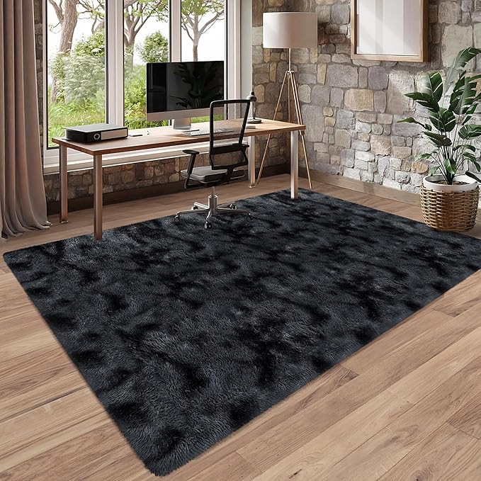5x8 ft Shag Tie Dyed Black Fluffy Rugs for Bedroom,Indoor Floor Non Slip Carpet Throw Fuzzy Rug for Living Room Kids Room Boys Teens College Dorm Nursery Room Home Decor