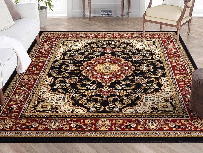 Well Woven Barclay Collection Medallion Kashan Black 8x10 Area Rug - for Living Room, Bedroom, and Dining Room