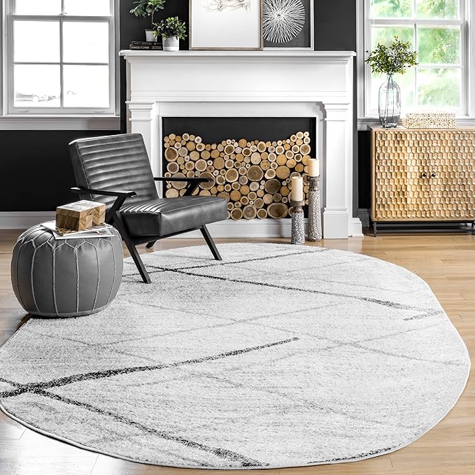 nuLOOM Oval 3x5 Thigpen Contemporary Area Rug, Grey, Abstract Lines, Non-Slip Backing, Stain Resistant, For Bedroom, Dining Room, Living Room, Hallway, Office, Kitchen, Entryway