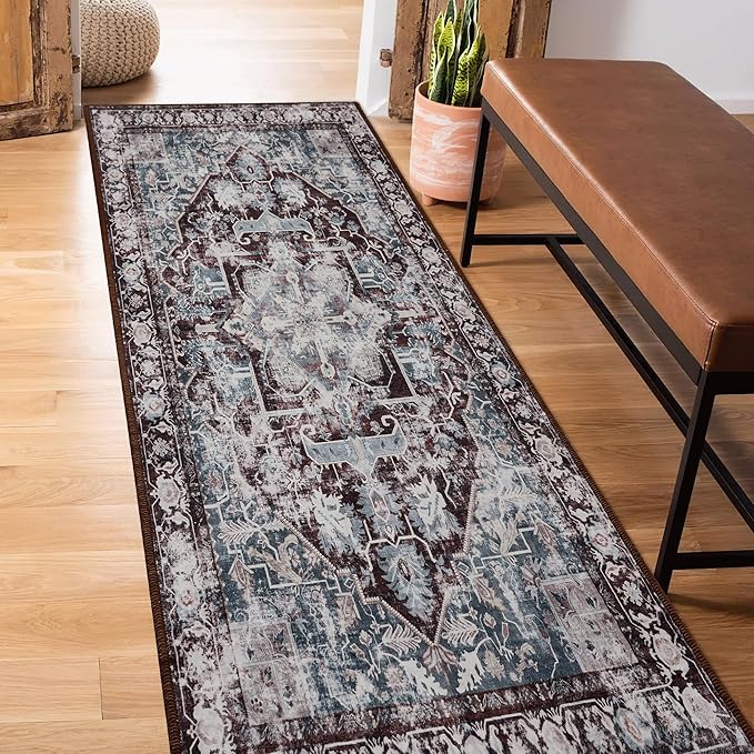RYB HOME 2x6 Kitchen Runner Rug, Vintage Modern Entrance Door Mat Runner, Distressed Soft Stain Resistant Non Slip for Hallway Kitchen Bathroom Laundry Foyer, 2x6 ft, Beige