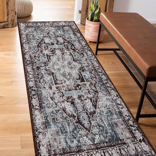 RYB HOME 2x6 Kitchen Runner Rug, Vintage Modern Entrance Door Mat Runner, Distressed Soft Stain Resistant Non Slip for Hallway Kitchen Bathroom Laundry Foyer, 2x6 ft, Beige