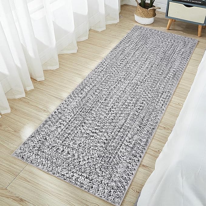 Printed Washable Rugs Runner Rug 2x8 Rug for Living Room Bathroom Rugs Modern Imitation Braided Bedroom Rug Non Slip Geometric Area Rug Kitchen Rugs Stain Resistant Carpet 2'x8' Light Grey