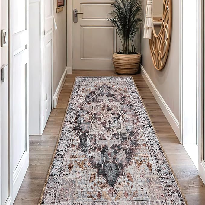 RYB HOME Washable Runner Rug 2x6 for Enterway Hallway, Abstract Distresssed Rug Soft Faux Wool Stain Resistant Non Slip Door Mat Runner for Kitchen Bathroom Laundry, 2x6 ft, Brown