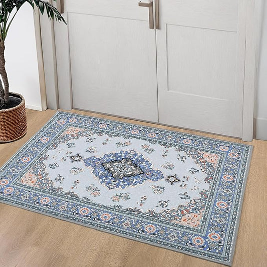 Tepook 2x3 Vintage Washable Rug - Non-Slip Low-Pile Door Mat for Entryway, Kitchen, Bedroom, Bathroom, Foyer - Indoor Throw Rug in Blue/Grey