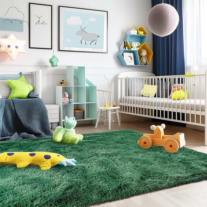 Ultra Fluffy Rug for Living Room Bedroom, 5x7 Fuzzy Large Area Rug for Living Room, Plush Soft Shag Carpet for Girl Boy Kids, Non Slip Rug Modern Indoor Home Decor Aesthetic, Dark Green