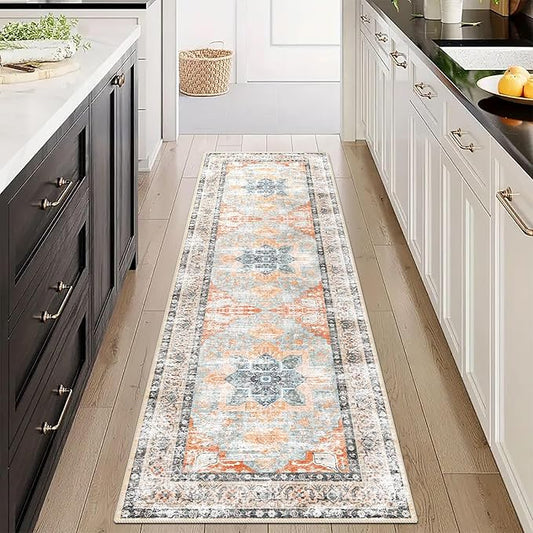 vivorug Washable Rug, Ultra Soft Runner Rug 2x8, Non Slip Floor Carpet, Runners for Hallway Living Room Indoor, Vintage Accent (Orange, 2'x8')