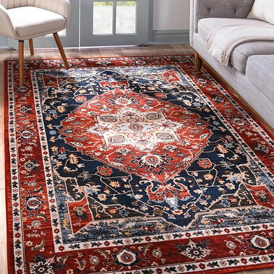 YJ.GWL Area Rug for Living Room, 3x5 Machine Washable Boho Rug for Bedroom, Low Pile Lightweight Thin Rugs Floral Vintage Distress Print Pattern Carpet for Dining Room Kitchen, Red