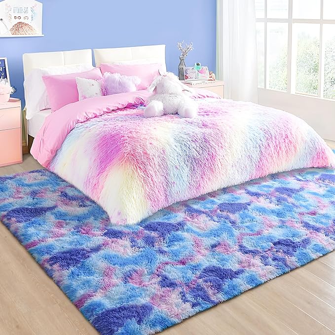 Tepook Soft Rainbow Rug for Girls Room, Cute Fluffy Bedroom Rug, 4x6 Feet Shaggy Princess Colorful Carpet for Kids Teens Toddler Playroom Nursery Reading Nook, Blue