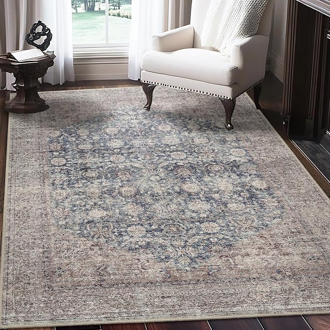 Vintage Living Room Rug, 7x9 Area Rug Large Washable Rugs for Bedroom, Soft Dining Room Carpet Non-Slip Non-Shedding Throw Rug for Farmhouse Indoor Kids Playroom (Teal/Antique 7x9)