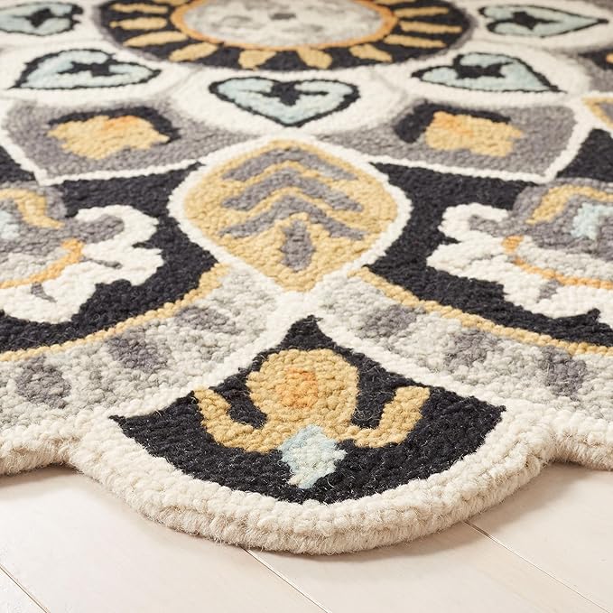 SAFAVIEH Novelty Collection Area Rug - 10' Round, Ivory & Black, Handmade Boho Floral Rustic Country Wool, Ideal for The Living Room, Dining Room, Bedroom (NOV604Z-10R)