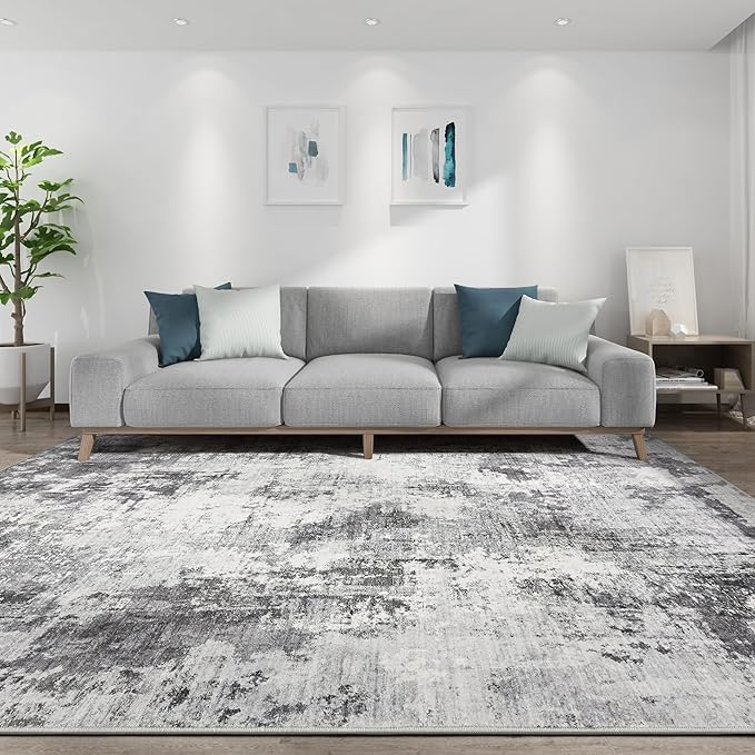 Washable Rug 9x12 Area Rugs for Living Room: Modern Abstract Neutral Soft Large Rug for Bedroom Dining Room Under Kitchen Table Home Office Decor - Grey