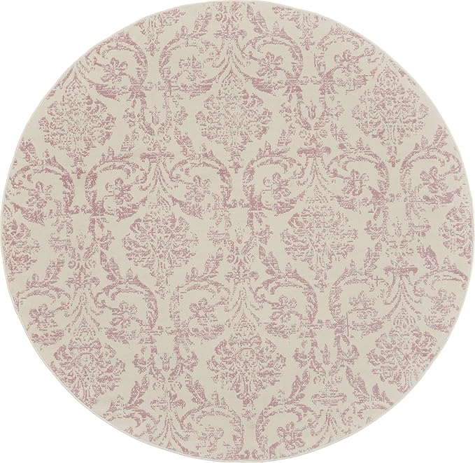 Nourison Jubilant Damask Ivory/Pink 8' x Round Area Rug, Easy Clean, Non Shedding, Bed Room, Living Room, Dining Room, Kitchen (8 Round)