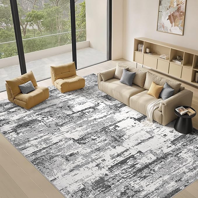 Area Rugs for Living Room: 5x7 Abstract Washable Rug Modern Neutral Large Soft Stain Resistant Non-Slip Backing Machine Table for Bedroom Dining Room Indoor Home Office Carpet - Black Grey
