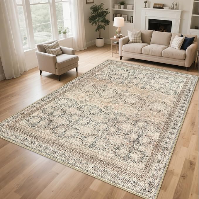 4x6 Area Rug for Bedroom Machine Washable, Non Slip Vintage Floral Kitchen Rugs for Dining Room, Rustic Indoor Floor Carpet for Nursery, Farmhouse, Office Classroom Beige/Pink/Orange