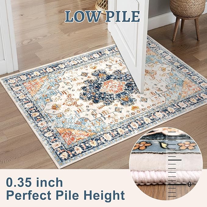 Vintage Rug 2x3 Washable Rug for Entryway, Non Slip Small, Indoor Front Door, Print Distressed Blue/Beige Door Mat Carpet, Soft Low Pile Rugs for Entrance Kitchen Bedroom Bathroom