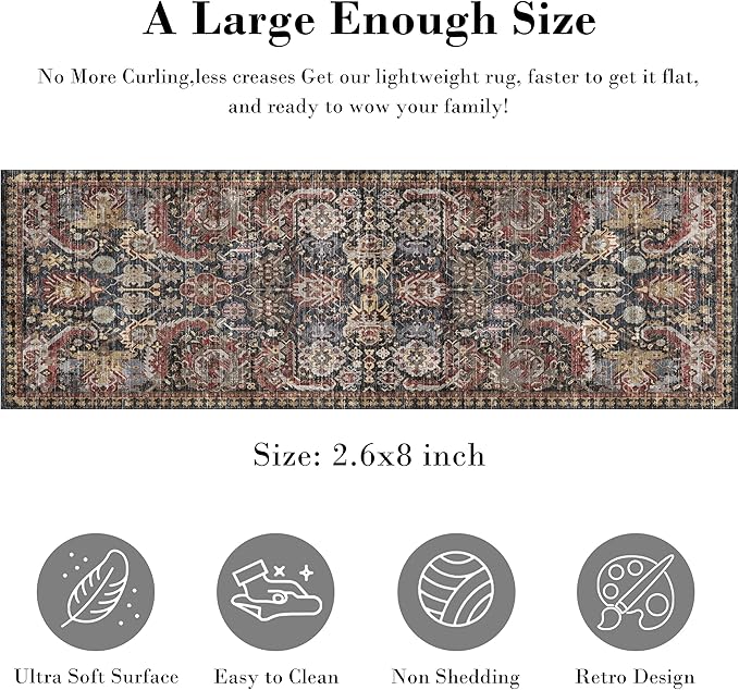 Washable Area Rugs - Perfect for Living Room, Bedroom, Kids Room, Nursery - Stain & Water Resistant Non-Slip, Pet & Child Friendly, Vintage Tribal Area Rugs (Rust, 2'6'' x 8')