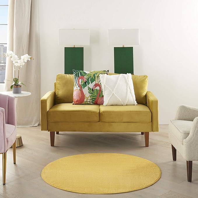 Nourison Essentials Indoor/Outdoor Yellow 4' x Round Area Rug, Easy Cleaning, Non Shedding, Bed Room, Living Room, Dining Room, Backyard, Deck, Patio (4 Round)