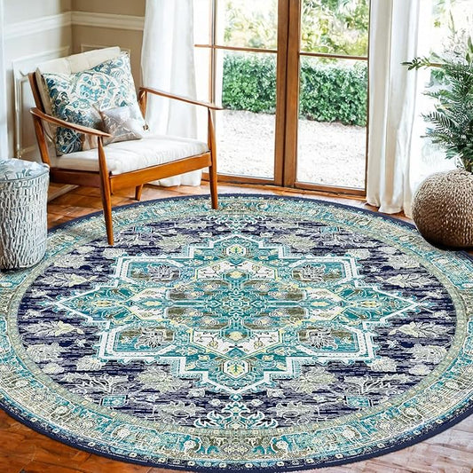 BESTSWEETIE 6ft Area Rugs for Living Room Washable Non Slip Carpet Low Pile Soft Vintage Print Pattern Rug for Bedroom Dining Room Kitchen Entryway Indoor-Teal/Navy/Green/Yellow