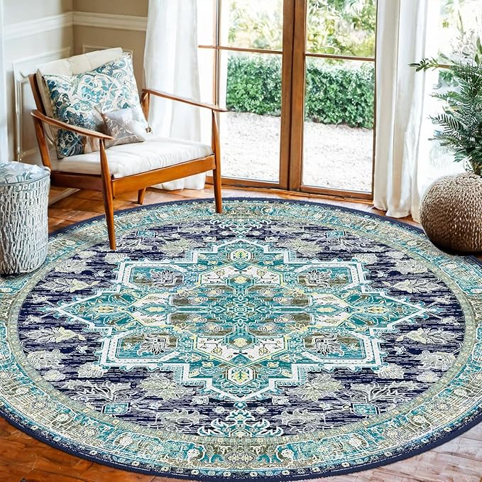 BESTSWEETIE 8ft Area Rugs for Living Room Washable Non Slip Carpet Low Pile Soft Vintage Print Pattern Rug for Bedroom Dining Room Kitchen Entryway Indoor-Teal/Navy/Green/Yellow