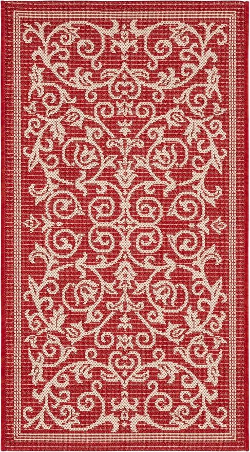 SAFAVIEH Courtyard Collection Accent Rug - 2' x 3'7", Red & Natural, Scroll Design, Non-Shedding & Easy Care, Indoor/Outdoor & Washable-Ideal for Patio, Backyard, Mudroom (CY2098-3707)