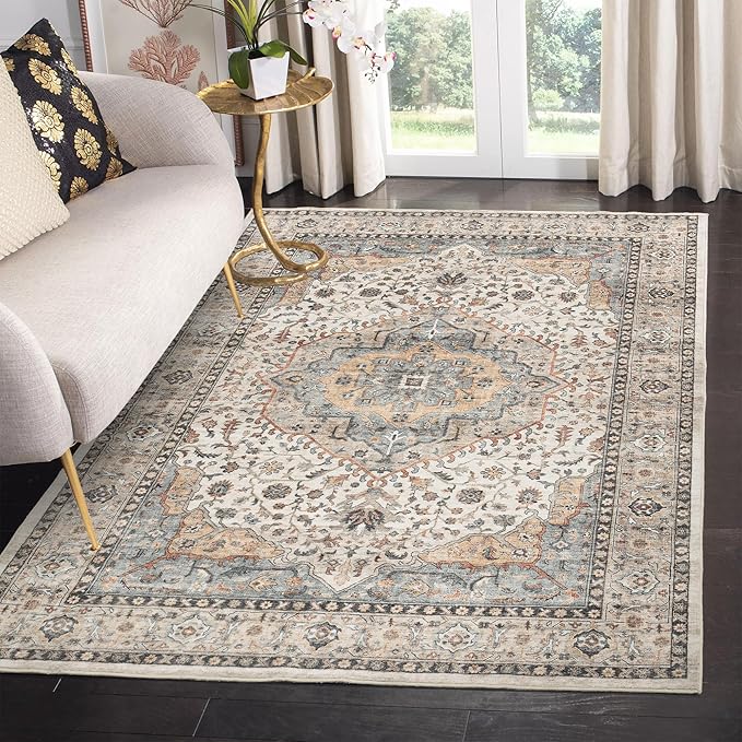 Beige Area Rug for Bedroom & Living Room - Washable, Non-Slip, Foldable, Low Pile, 5x7