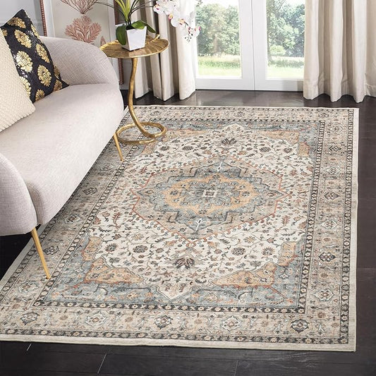 Beige Area Rug for Bedroom & Living Room - Washable, Non-Slip, Foldable, Low Pile, 5x7