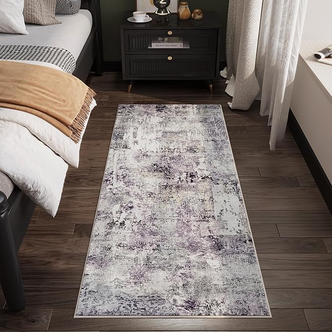 Runner Rug 2'6''x8' Hallway Rug Washable Boho Soft Area Rug Abstract Pattern Non-Slip Faux Wool Vintage for Kitchen, Entryway, Laundry, Bedroom, Purple