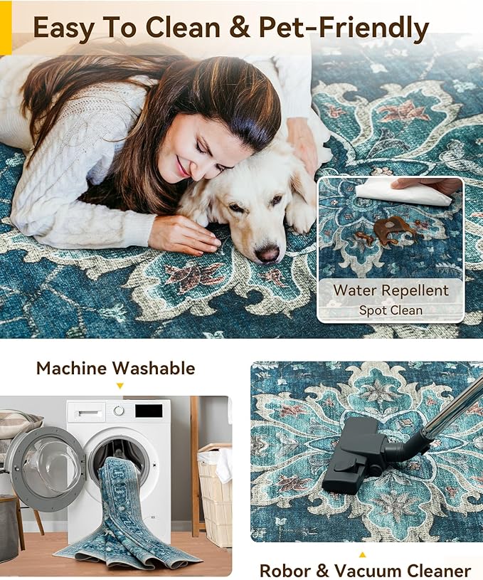 Area Rugs Square 8ft Washable Non-Slip, Floral Vintage Distress Print Pattern Medallion Carpet for Living Room Bedroom Dining Room, Teal Green Lake Blue