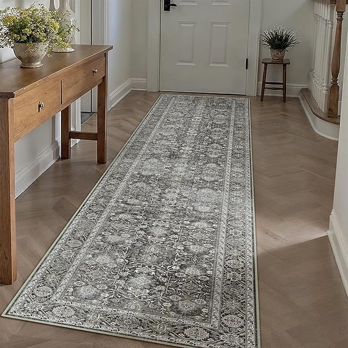 Black Runner Rug 3x12 Vintage Area Carpet Hallway Long Indoor Kitchen Washable Living Room Low Pile Traditional Distressed Retro Accent Throw Rug Non Slip Laundry Bathroom Office Dining Room