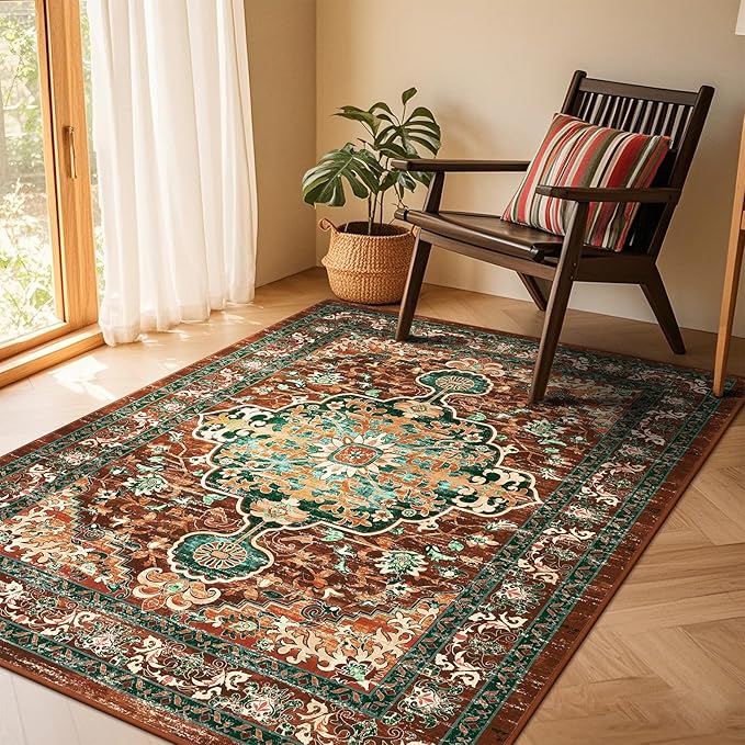 U'Artlines Boho Vintage Area Rug 4x6 ft Machine Washable Low Pile Soft Floor Carpet Non Slip Non Shedding Accent Rug for Living Room Bedroom Entryway Dining Room Office Rust＆Teal