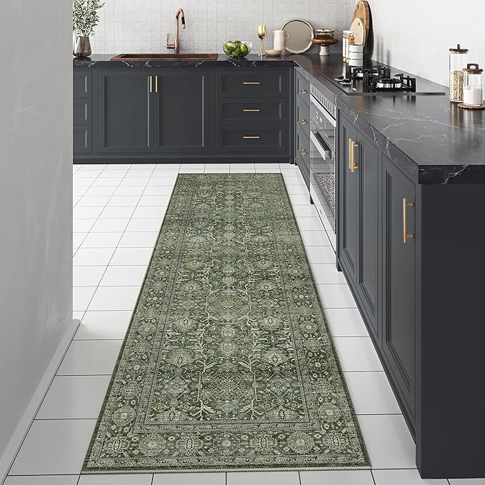 Green Runner Rug 2x8 Vintage Area Carpet Hallway Long Indoor Kitchen Washable Living Room Low Pile Traditional Distressed Retro Accent Throw Rug Non Slip Laundry Bathroom Office Dining Room