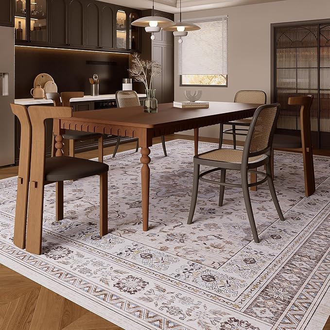 8x10 Rug, Washable Neutral Boho Modern Vintage Non Slip Floral Area Rugs, Low Pile Soft Rugs, Area Rugs, Slip Resistance Carpet, Pet-Friendly Carpet, Durable Rug for Living Room, Bedroom