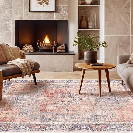 Kokia 6x9 Area Rugs for Living Room, Machine Washable Non Slip Vintage Boho Rugs, Low Pile Distressed Medallion Print Rug for Bedroom, Dining Room Brick Red 6 x 9