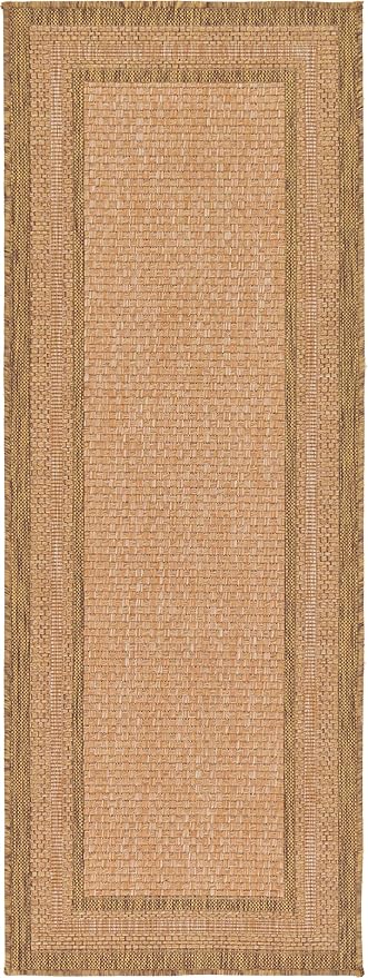 Unique Loom Outdoor Border Collection Area Rug - Multi Border (2' 2" x 6' 1" Runner, Tan/ Light Brown)