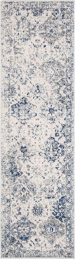 SAFAVIEH Madison Collection Runner Rug - 2'3" x 14', White & Royal Blue, Floral Medallion Distressed Design, Non-Shedding & Easy Care, Ideal for High Traffic Areas in Living Room, Bedroom (MAD611C)