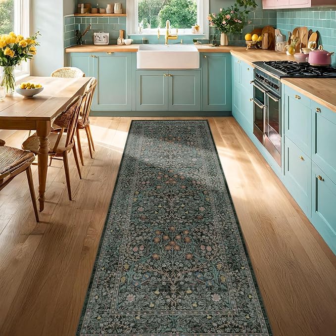 Vintage Dark Green 2'6" x 8' Floor Runner Rug for Hallway, Kitchen, Entryway Indoor, Laundry Room, Washable Non Slip Rubber Backing Stain Resistant