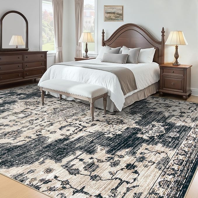 10x14 Area Rugs Washable Rug: Large Vintage Living Room Rugs with Non-Slip Backing Low Pile Rug Soft Indoor Floor Carpet Non Shedding Neutral Carpet for Bedroom Dining Room Farmhouse Nursery Black
