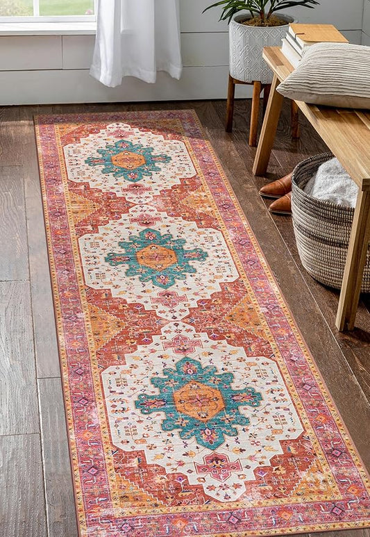 Moynesa Ultra-Thin Washable Pink Runner Rug - 2x6 Washable Long Hallway Rug Runner Kitchen Mat, Oriental Medallion Laundry Room Carpet Runner for Powder Dressing Room Cabinet Bedside Bathroom