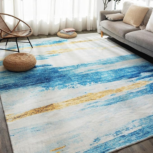 Carvapet Rugs for Living Room, Blue Modern Abstract Low Pile Large Carpet with Rubber Backing, Foldable, Non Slip Machine Washable (12 x 9 Feet Rectangular, Sky Blue Area Rug)