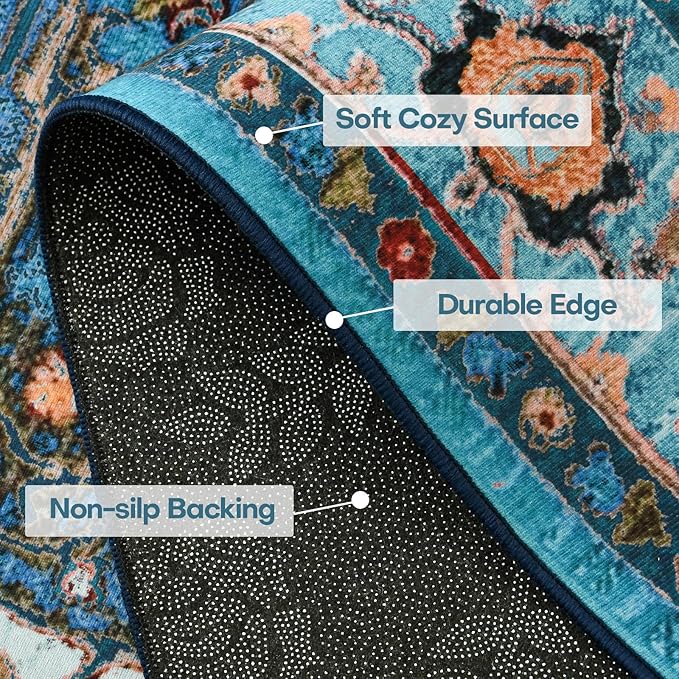 YJ.GWL Area Rug for Living Room, 4x6 Machine Washable Boho Rug for Bedroom, Low Pile Lightweight Thin Rugs Floral Vintage Distress Print Pattern Carpet for Dining Room, Blue/Multi