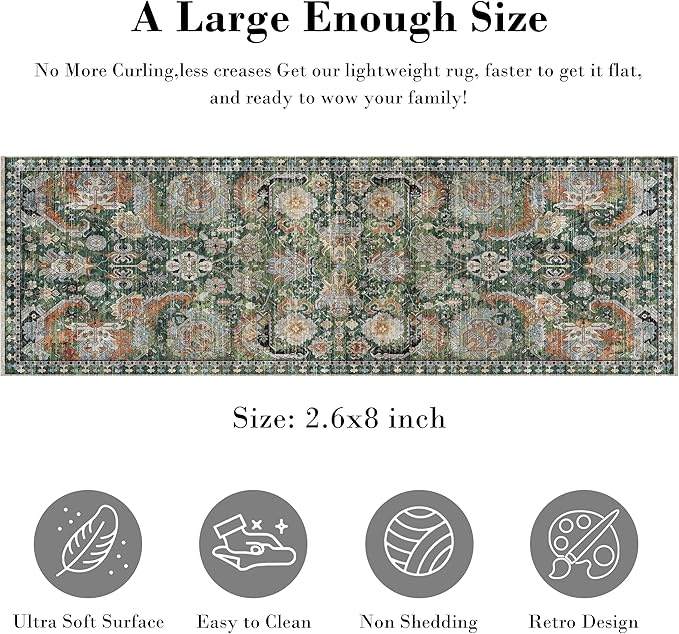 Washable Area Rugs - Perfect for Living Room, Bedroom, Kids Room, Nursery - Stain & Water Resistant Non-Slip, Pet & Child Friendly, Vintage Tribal Area Rugs (Green, 2'6'' x 8')